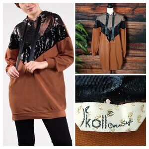 Ikoll Oversize Hoodie Bling Glitz Sequin Hooded Sweatshirt Brown OS Top NEW
